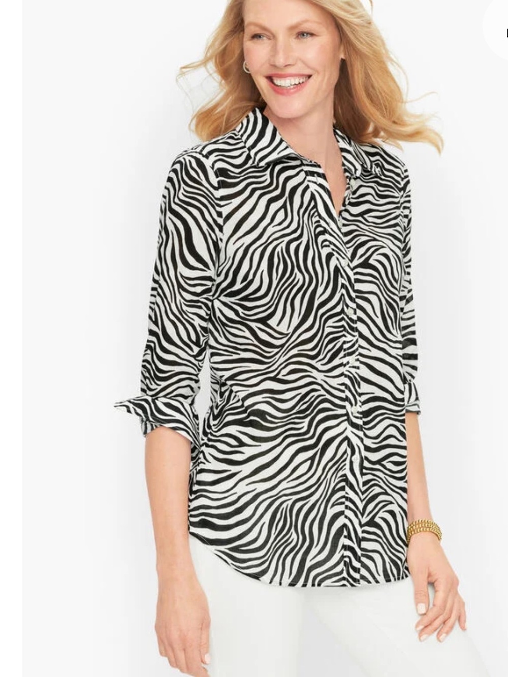 Talbots Women’s Petite PM Black/White Zebra Button-Up Collared Blouse